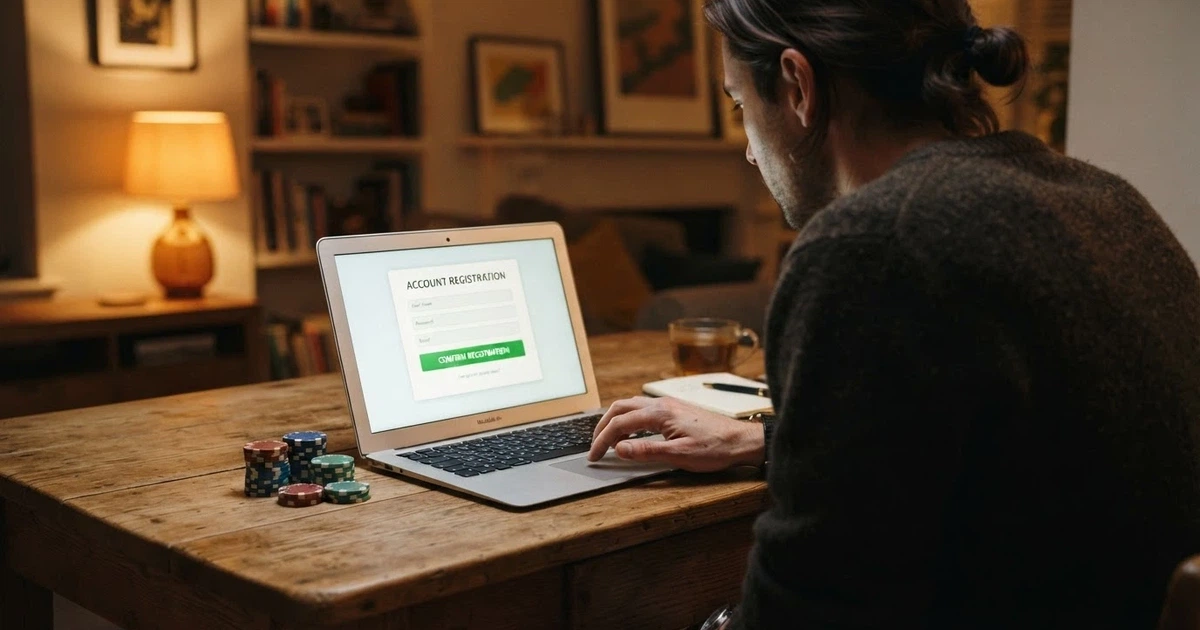 Hráč klikající na tlačítko registrace v online casinu na obrazovce notebooku